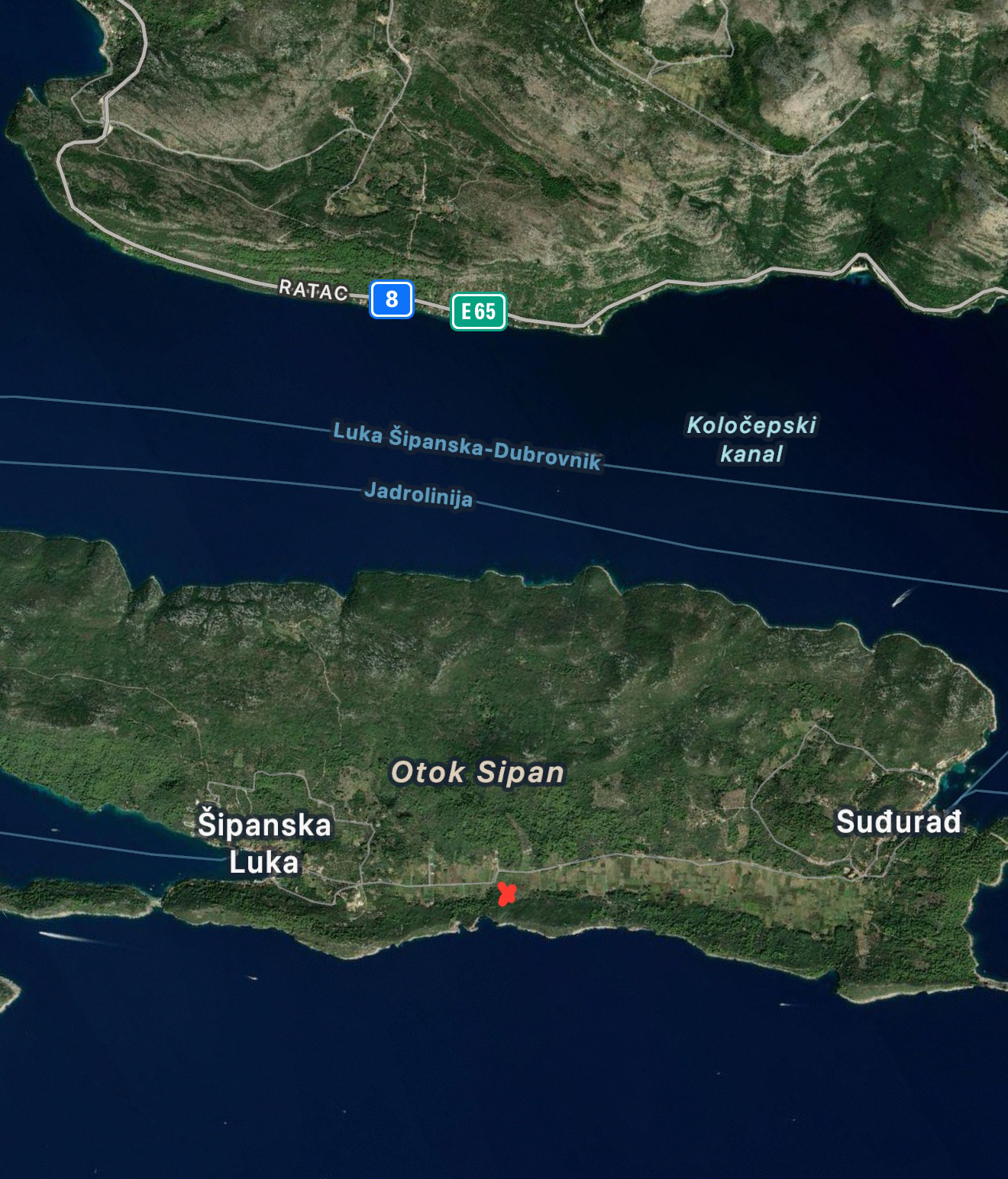 Karta otoka Šipana – lokacija ljetnikovca Federica Glavića, Polje